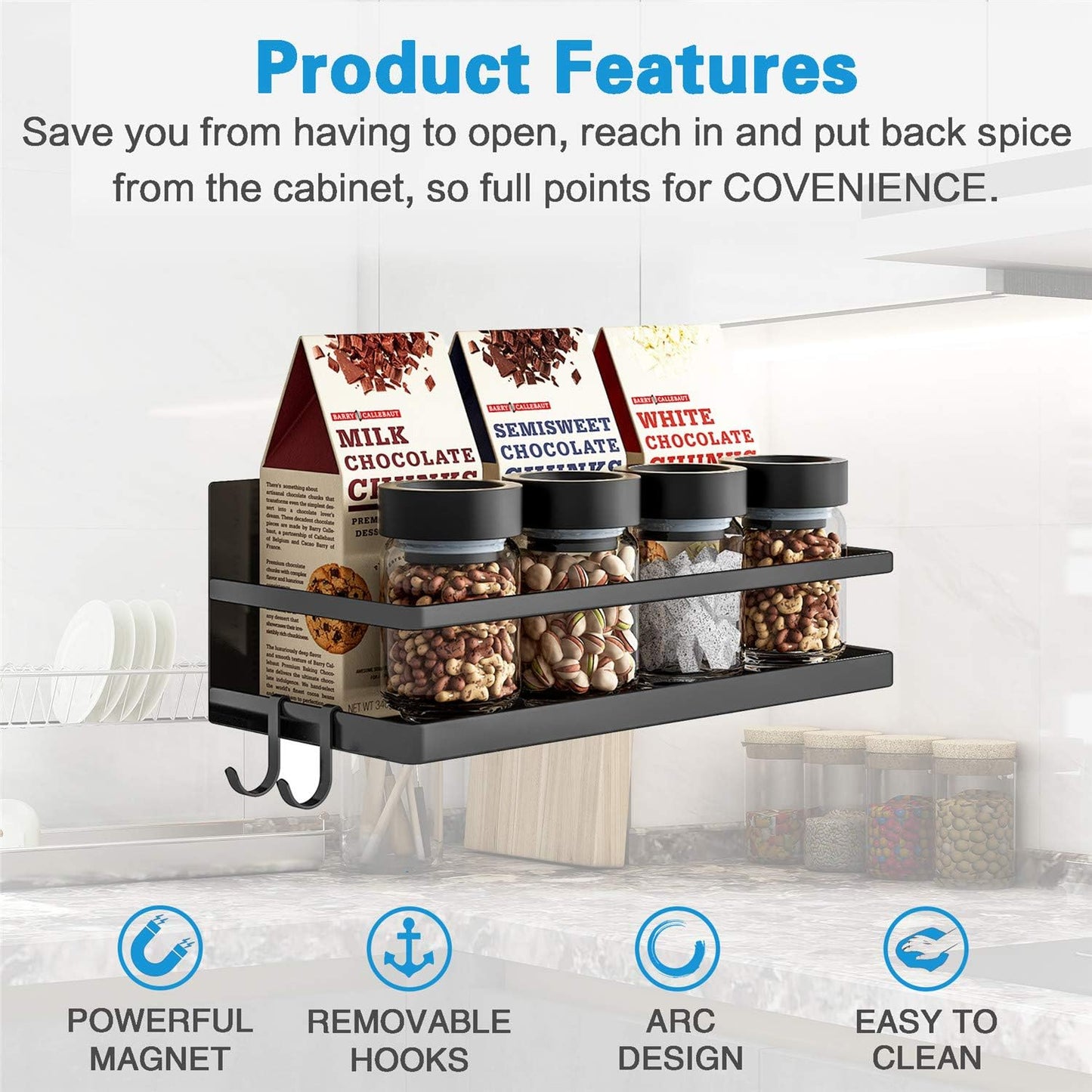 Magnetic Spice Rack, Strong Magnetic Shelf with 2 Removable Hooks, Perfect Space Saver for Small Kitchen/Apartment, Awesome Metal Cabinet for Holding Spices, Jars, Bottle, Beve(Black, 2Pack)
