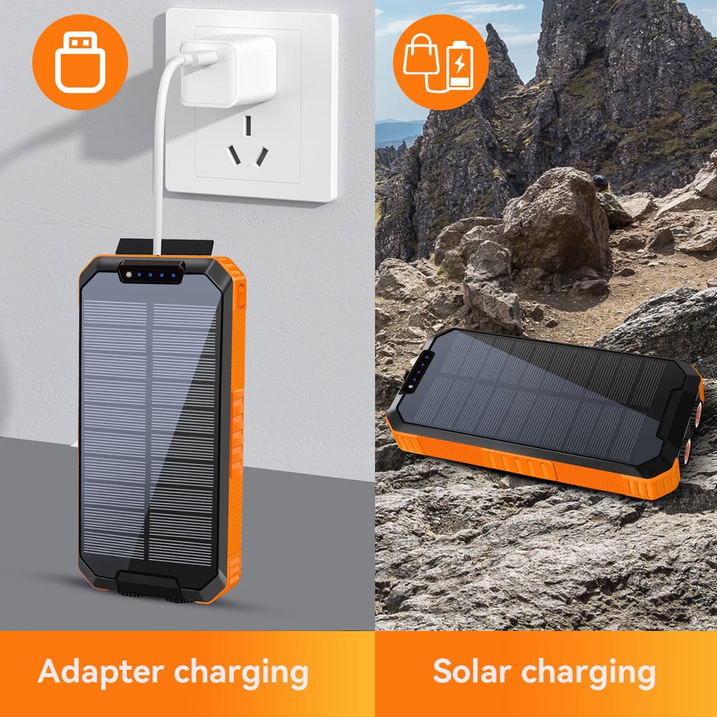 49800Mah Solar Power Bank Portable Solar Charger Built in 3 Cables and 5W Wireless Charger Power Bank,Built-In Super Bright Flashlight,Battery Pack Suitable for Outdoor Camping Hiking(Orange)