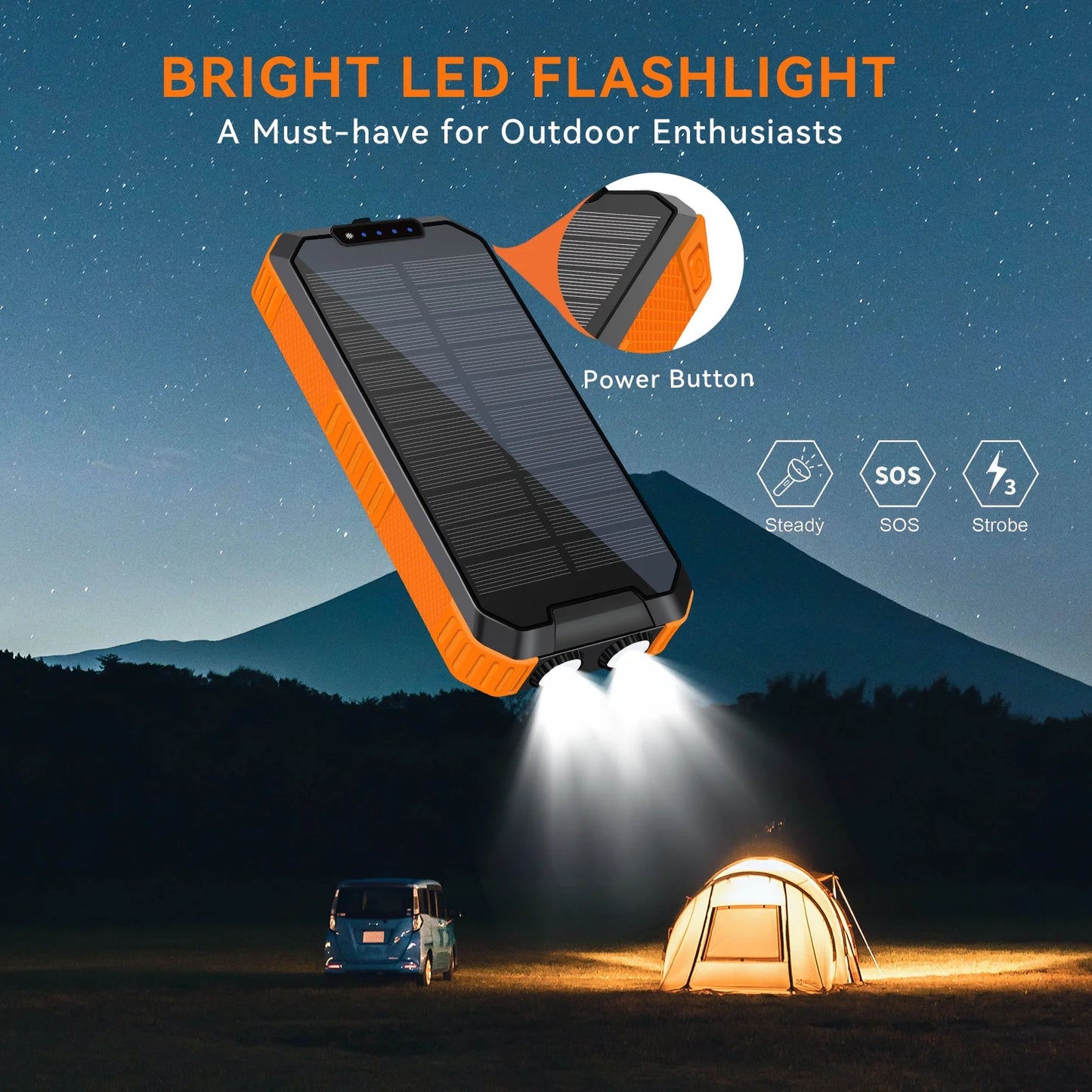 49800Mah Solar Power Bank Portable Solar Charger Built in 3 Cables and 5W Wireless Charger Power Bank,Built-In Super Bright Flashlight,Battery Pack Suitable for Outdoor Camping Hiking(Orange)