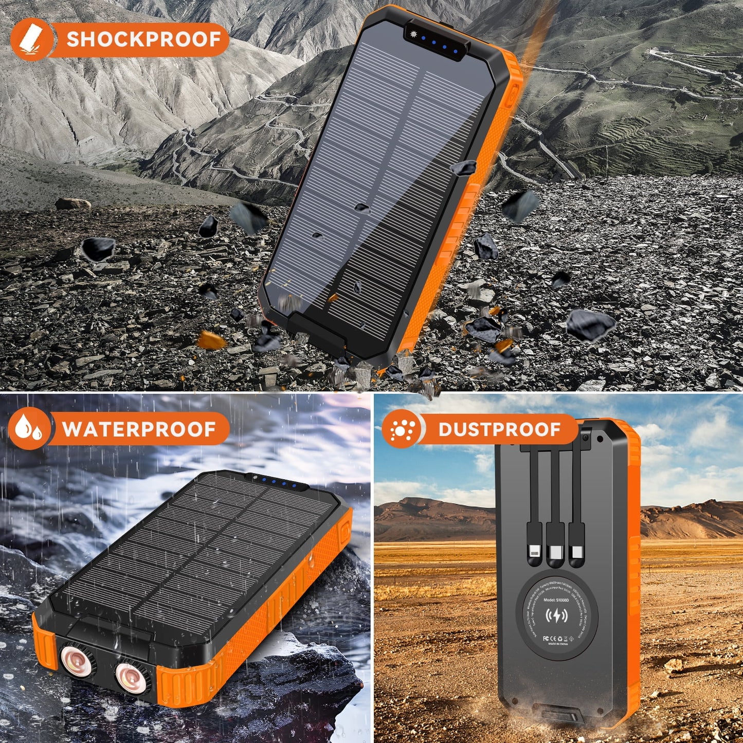 49800Mah Solar Power Bank Portable Solar Charger Built in 3 Cables and 5W Wireless Charger Power Bank,Built-In Super Bright Flashlight,Battery Pack Suitable for Outdoor Camping Hiking(Orange)
