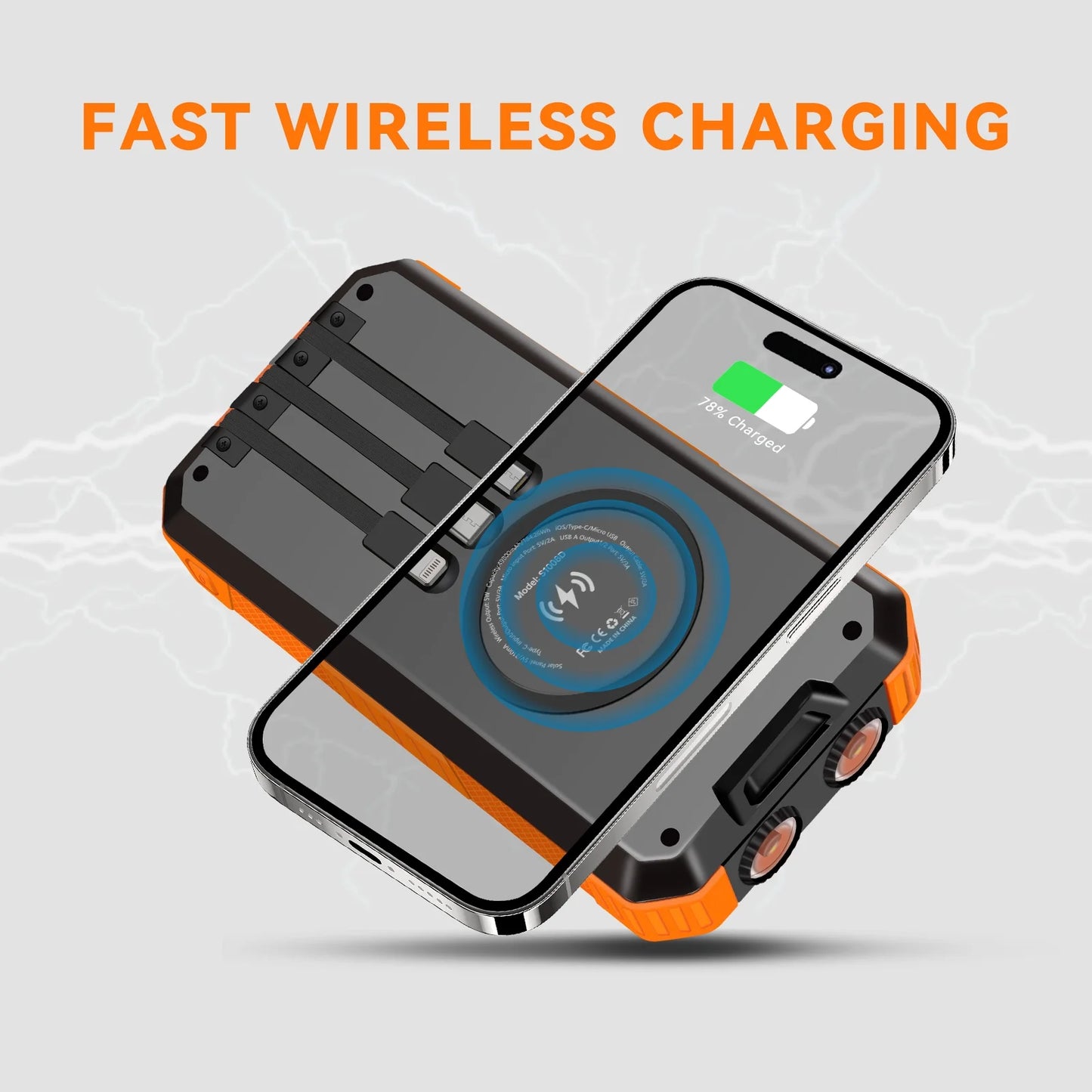 49800Mah Solar Power Bank Portable Solar Charger Built in 3 Cables and 5W Wireless Charger Power Bank,Built-In Super Bright Flashlight,Battery Pack Suitable for Outdoor Camping Hiking(Orange)