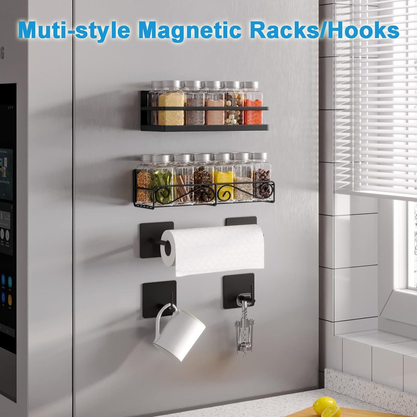 Magnetic Spice Rack, Strong Magnetic Shelf with 2 Removable Hooks, Perfect Space Saver for Small Kitchen/Apartment, Awesome Metal Cabinet for Holding Spices, Jars, Bottle, Beve(Black, 2Pack)