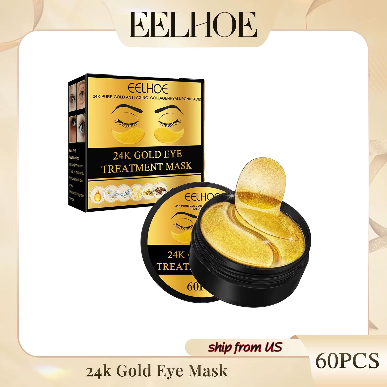 24K Gold Eye Mask Lightening Eye Bags Wrinkles Dark Circles Firming Moisturizing and Lifting Eye for Fine Lines Eye Mask