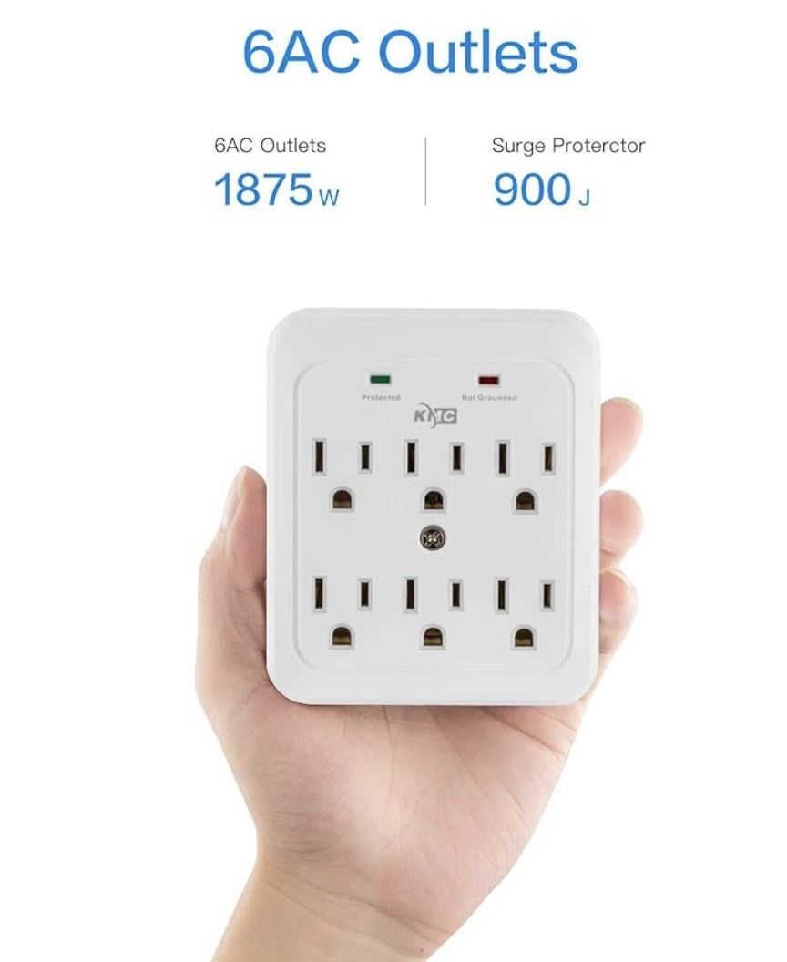 Wall Surge Protector, 980 Joule, 6-Outle Wall Plug Adapter Power Strip, White