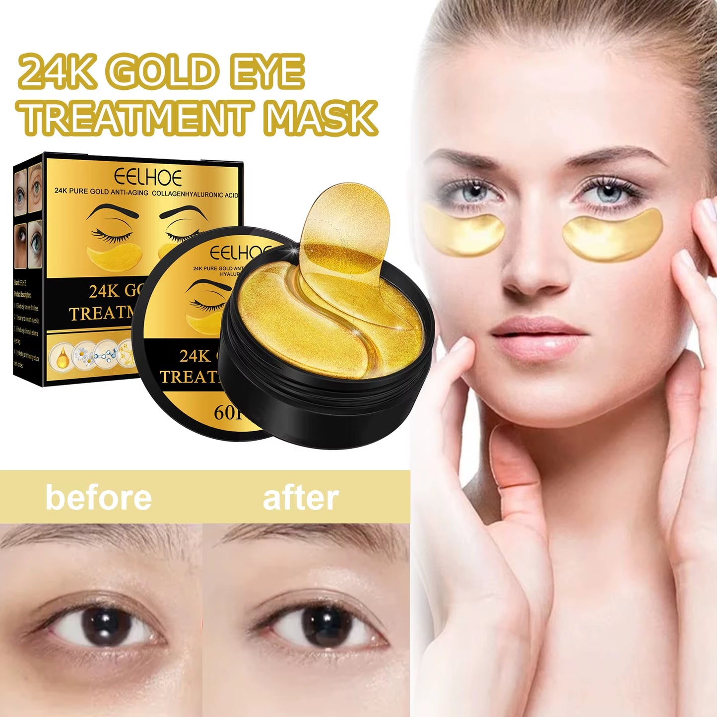 24K Gold Eye Mask Lightening Eye Bags Wrinkles Dark Circles Firming Moisturizing and Lifting Eye for Fine Lines Eye Mask