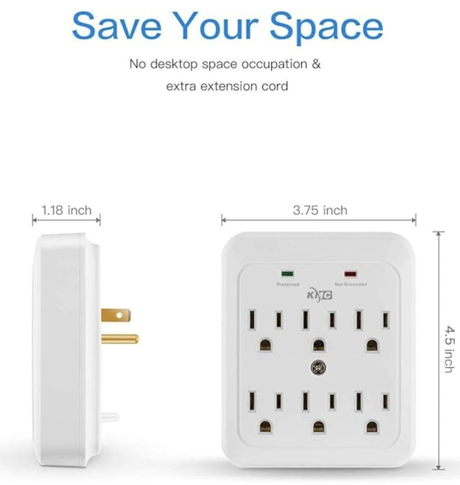 Wall Surge Protector, 980 Joule, 6-Outle Wall Plug Adapter Power Strip, White