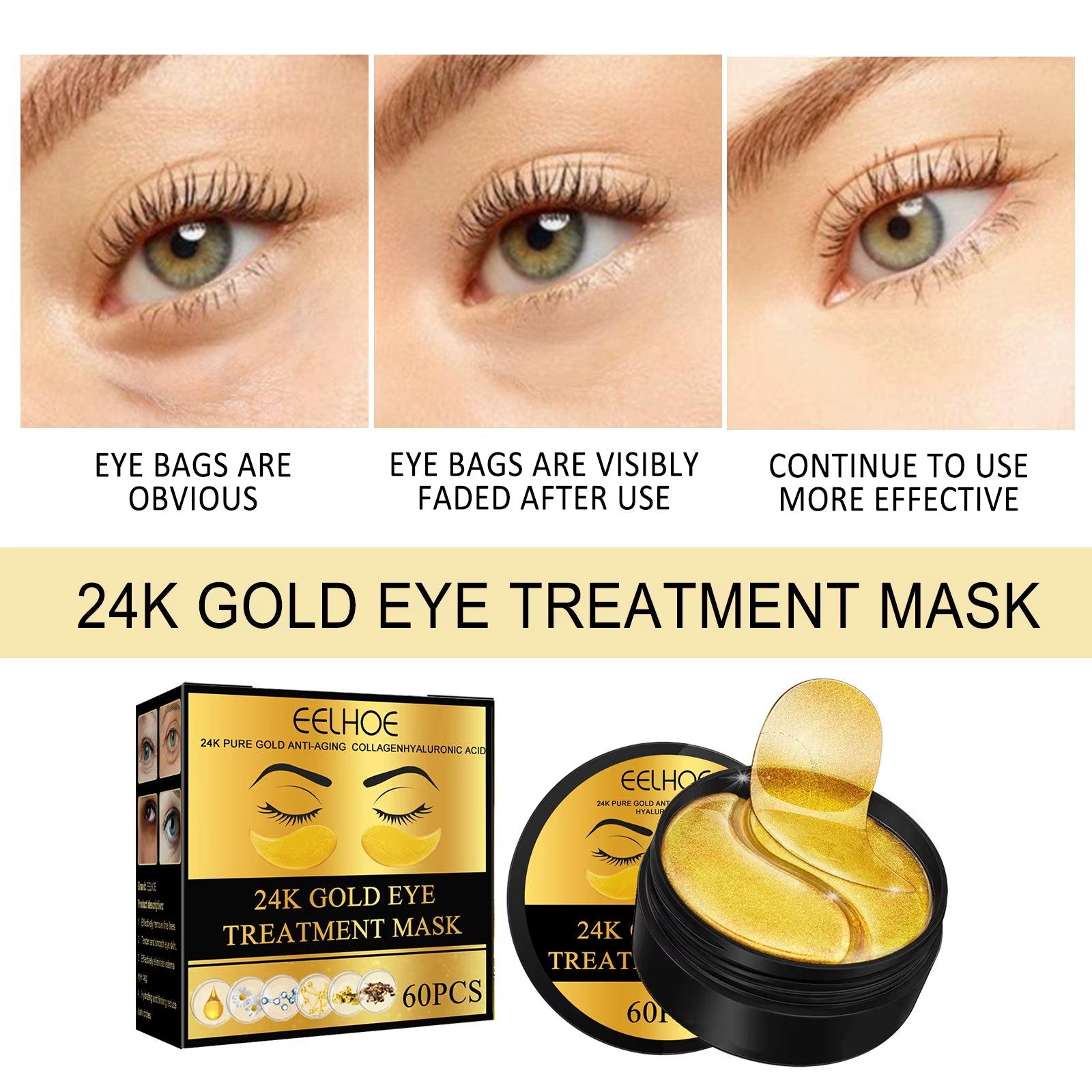 24K Gold Eye Mask Lightening Eye Bags Wrinkles Dark Circles Firming Moisturizing and Lifting Eye for Fine Lines Eye Mask